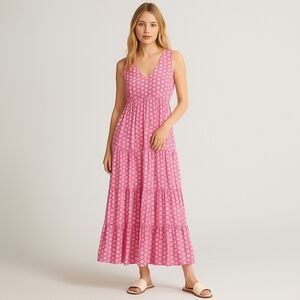 J.Crew Pink Daisy Floral‎ Midi Dress Sz S V-Neck Tiered Boho Cottagecore